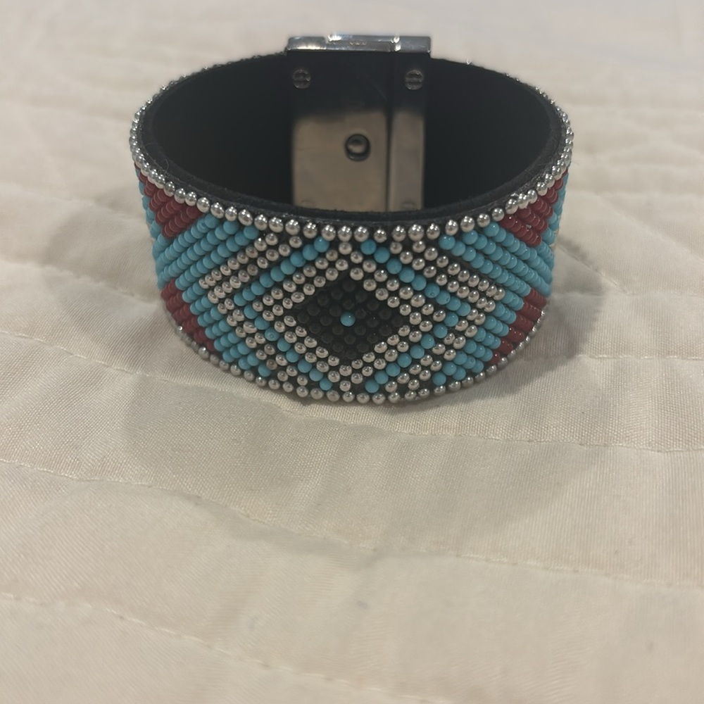 Beaded Geometric Bracelet - Turquoise, Red, Black